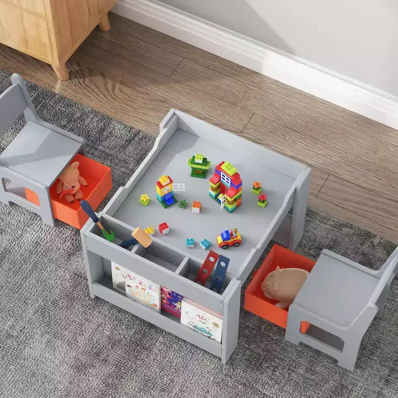 Set Tavolo e Sedie per Bambini - Tavolo Attività in Legno 4 in 1 e 2 Sedie, Cassetto Contenitore, Piano Rimovibile, per Disegno, Lettura, Lavoretti, Arte, Compiti