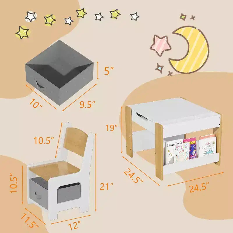 Set Tavolo e Sedie per Bambini - Tavolo Attività in Legno 4 in 1 e 2 Sedie, Cassetto Contenitore, Piano Rimovibile, per Disegno, Lettura, Lavoretti, Arte, Compiti