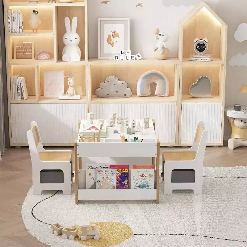 Set Tavolo e Sedie per Bambini - Tavolo Attività in Legno 4 in 1 e 2 Sedie, Cassetto Contenitore, Piano Rimovibile, per Disegno, Lettura, Lavoretti, Arte, Compiti