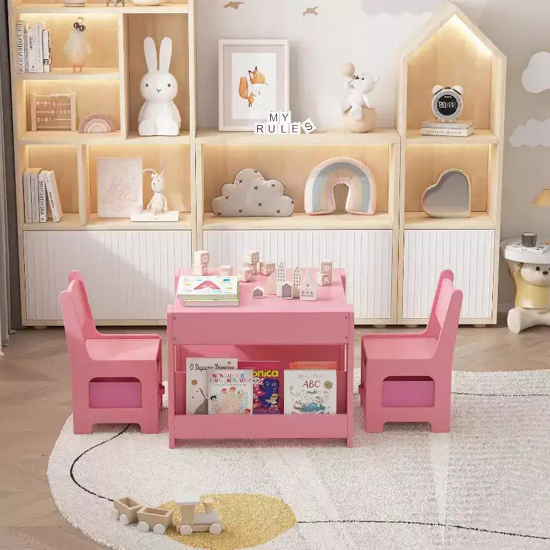 Set Tavolo e Sedie per Bambini - Tavolo Attività in Legno 4 in 1 e 2 Sedie, Cassetto Contenitore, Piano Rimovibile, per Disegno, Lettura, Lavoretti, Arte, Compiti