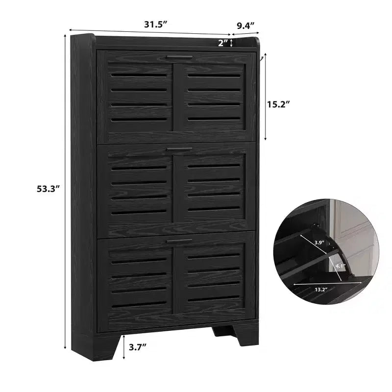Scarpiera con 3 cassetti a ribalta e 2 ganci laterali, organizer per scarpe autoportante per ingresso, scarpiera nascosta in stile rustico, colore nero