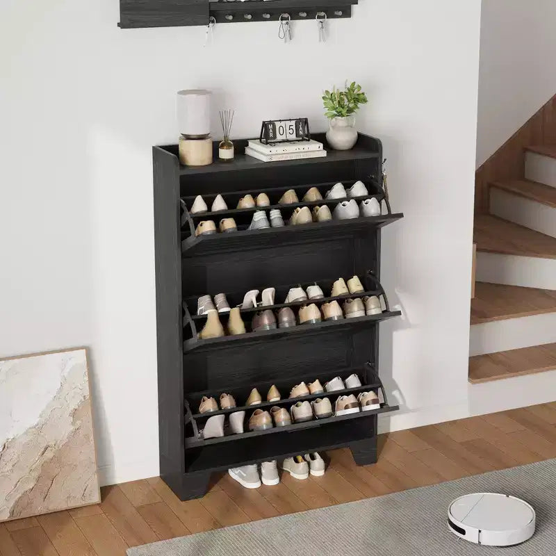 Scarpiera con 3 cassetti a ribalta e 2 ganci laterali, organizer per scarpe autoportante per ingresso, scarpiera nascosta in stile rustico, colore nero