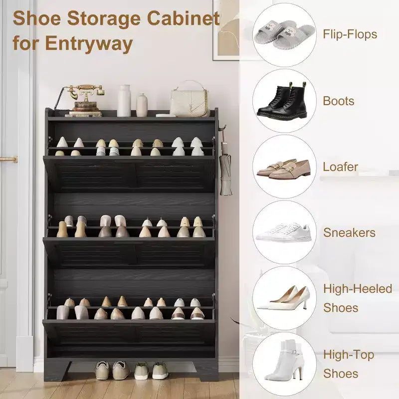Scarpiera con 3 cassetti a ribalta e 2 ganci laterali, organizer per scarpe autoportante per ingresso, scarpiera nascosta in stile rustico, colore nero
