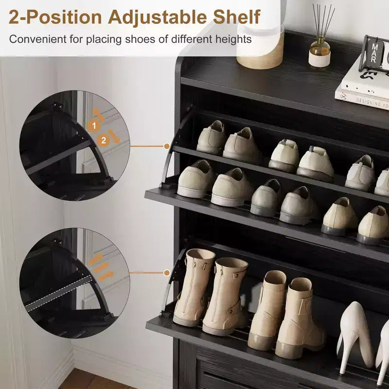 Scarpiera con 3 cassetti a ribalta e 2 ganci laterali, organizer per scarpe autoportante per ingresso, scarpiera nascosta in stile rustico, colore nero