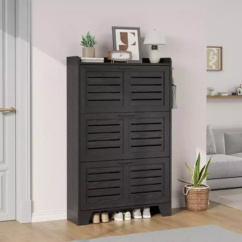 Scarpiera con 3 cassetti a ribalta e 2 ganci laterali, organizer per scarpe autoportante per ingresso, scarpiera nascosta in stile rustico, colore nero
