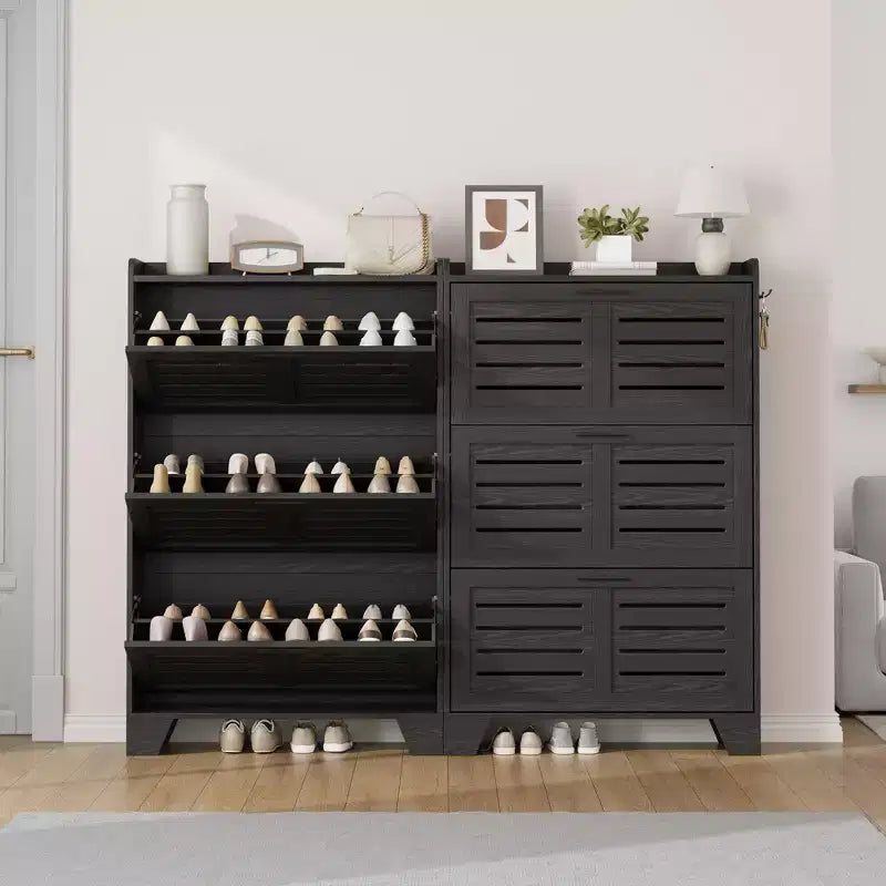 Scarpiera con 3 cassetti a ribalta e 2 ganci laterali, organizer per scarpe autoportante per ingresso, scarpiera nascosta in stile rustico, colore nero