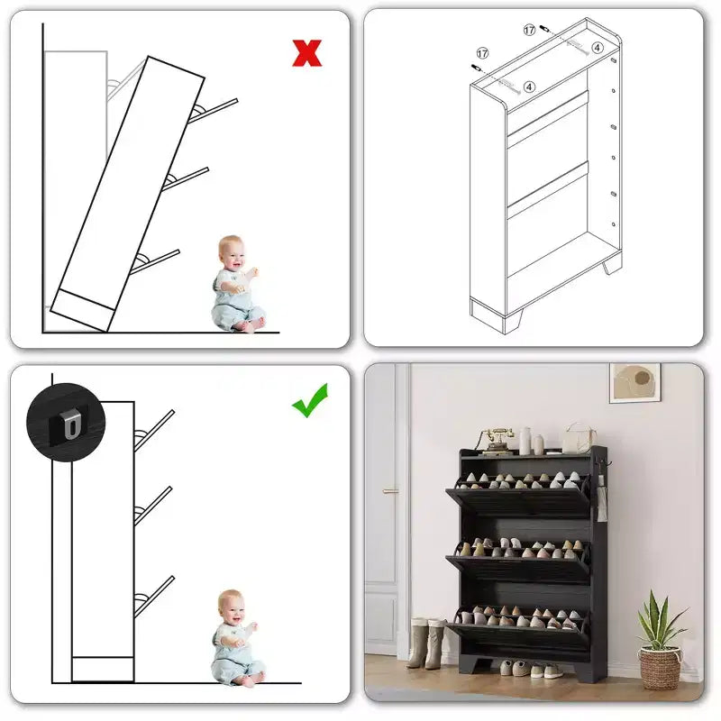 Scarpiera con 3 cassetti a ribalta e 2 ganci laterali, organizer per scarpe autoportante per ingresso, scarpiera nascosta in stile rustico, colore nero