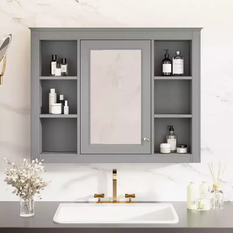FAMYYT 35 pollici L x 27,5 pollici A Armadietto da bagno rettangolare a superficie con specchio in MDF, cerniera ammortizzata