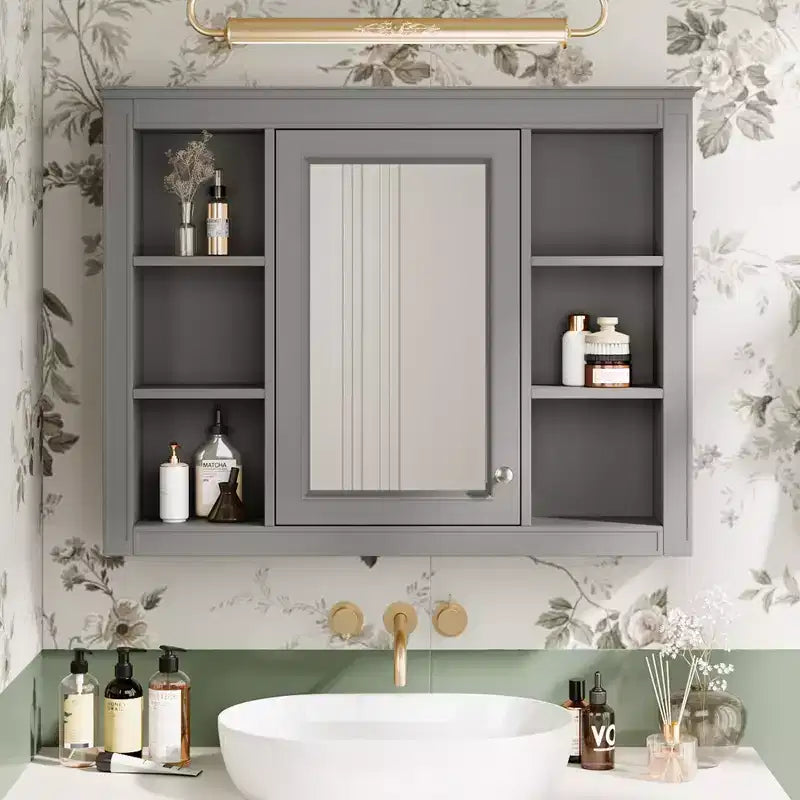 FAMYYT 35 pollici L x 27,5 pollici A Armadietto da bagno rettangolare a superficie con specchio in MDF, cerniera ammortizzata