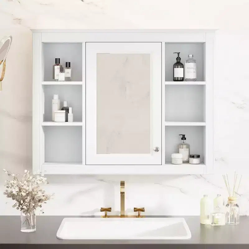 FAMYYT 35 pollici L x 27,5 pollici A Armadietto da bagno rettangolare a superficie con specchio in MDF, cerniera ammortizzata