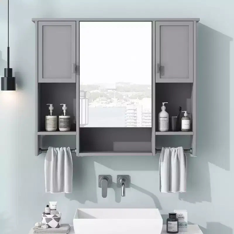 FAMYYT 35 pollici L x 28 pollici A Armadietto da bagno con specchio a superficie in MDF rettangolare con barra portasciugamani