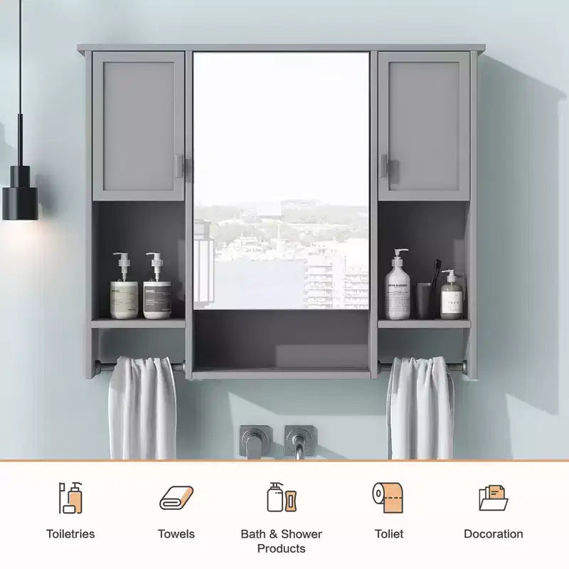 FAMYYT 35 pollici L x 28 pollici A Armadietto da bagno con specchio a superficie in MDF rettangolare con barra portasciugamani