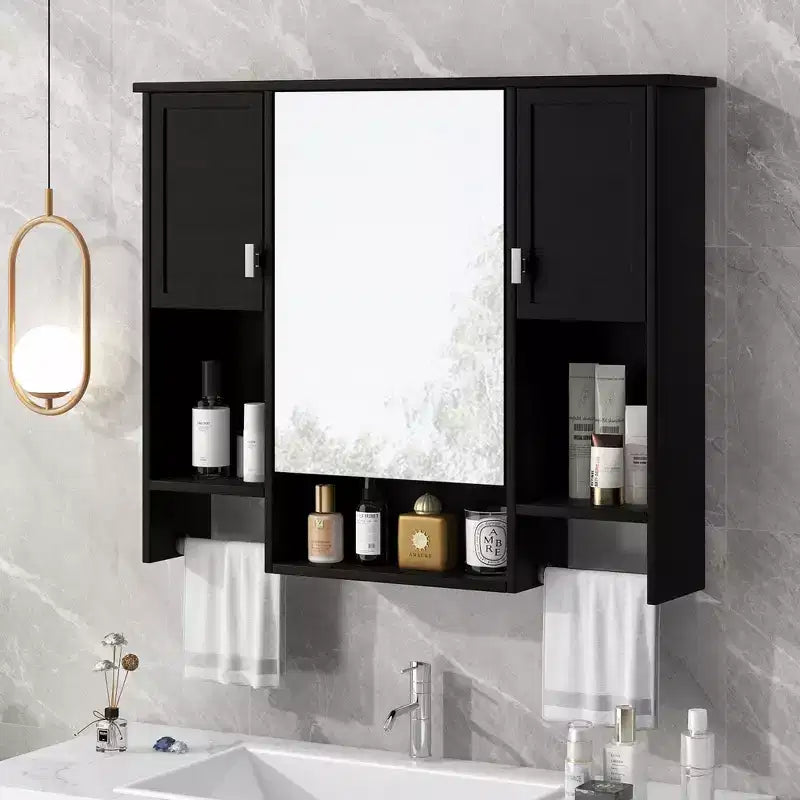 FAMYYT 35 pollici L x 28 pollici A Armadietto da bagno con specchio a superficie in MDF rettangolare con barra portasciugamani
