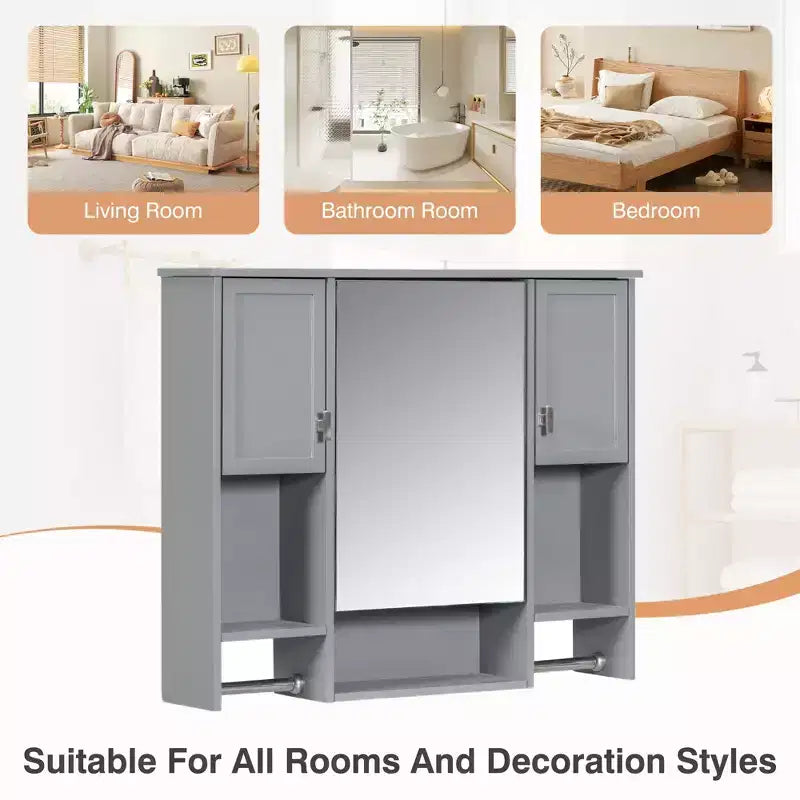 FAMYYT 35 pollici L x 28 pollici A Armadietto da bagno con specchio a superficie in MDF rettangolare con barra portasciugamani