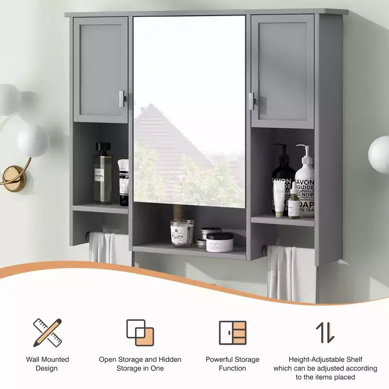 FAMYYT 35 pollici L x 28 pollici A Armadietto da bagno con specchio a superficie in MDF rettangolare con barra portasciugamani