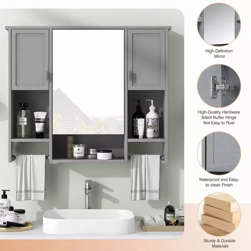 FAMYYT 35 pollici L x 28 pollici A Armadietto da bagno con specchio a superficie in MDF rettangolare con barra portasciugamani