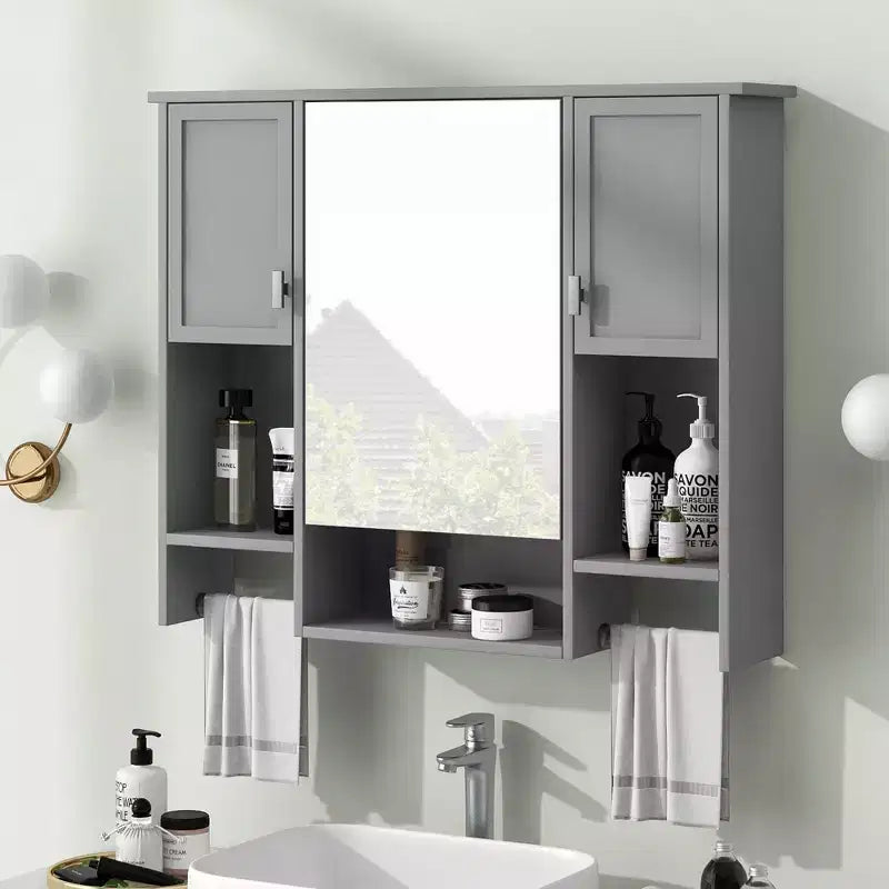 FAMYYT 35 pollici L x 28 pollici A Armadietto da bagno con specchio a superficie in MDF rettangolare con barra portasciugamani