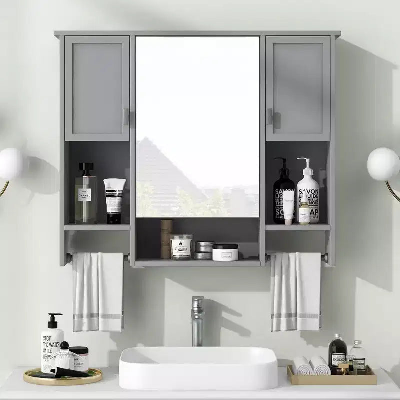 FAMYYT 35 pollici L x 28 pollici A Armadietto da bagno con specchio a superficie in MDF rettangolare con barra portasciugamani