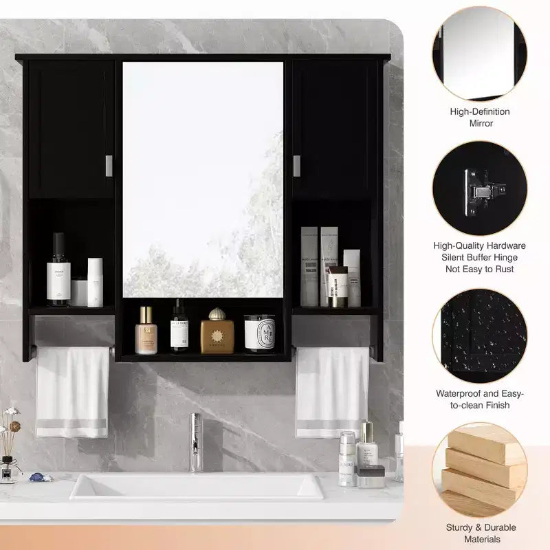 FAMYYT 35 pollici L x 28 pollici A Armadietto da bagno con specchio a superficie in MDF rettangolare con barra portasciugamani