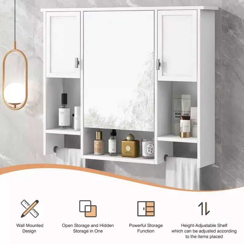 FAMYYT 35 pollici L x 28 pollici A Armadietto da bagno con specchio a superficie in MDF rettangolare con barra portasciugamani