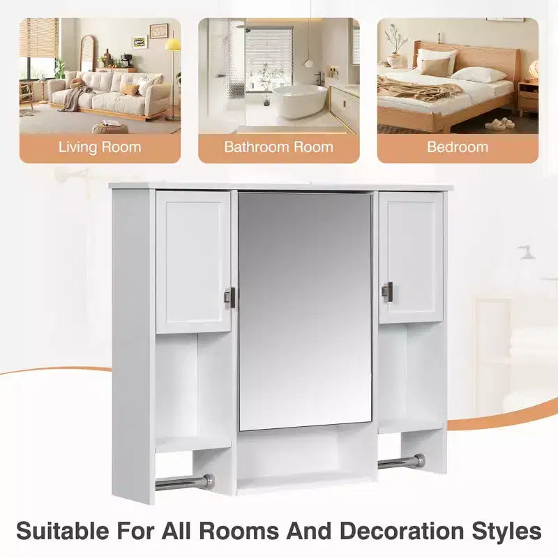 FAMYYT 35 pollici L x 28 pollici A Armadietto da bagno con specchio a superficie in MDF rettangolare con barra portasciugamani