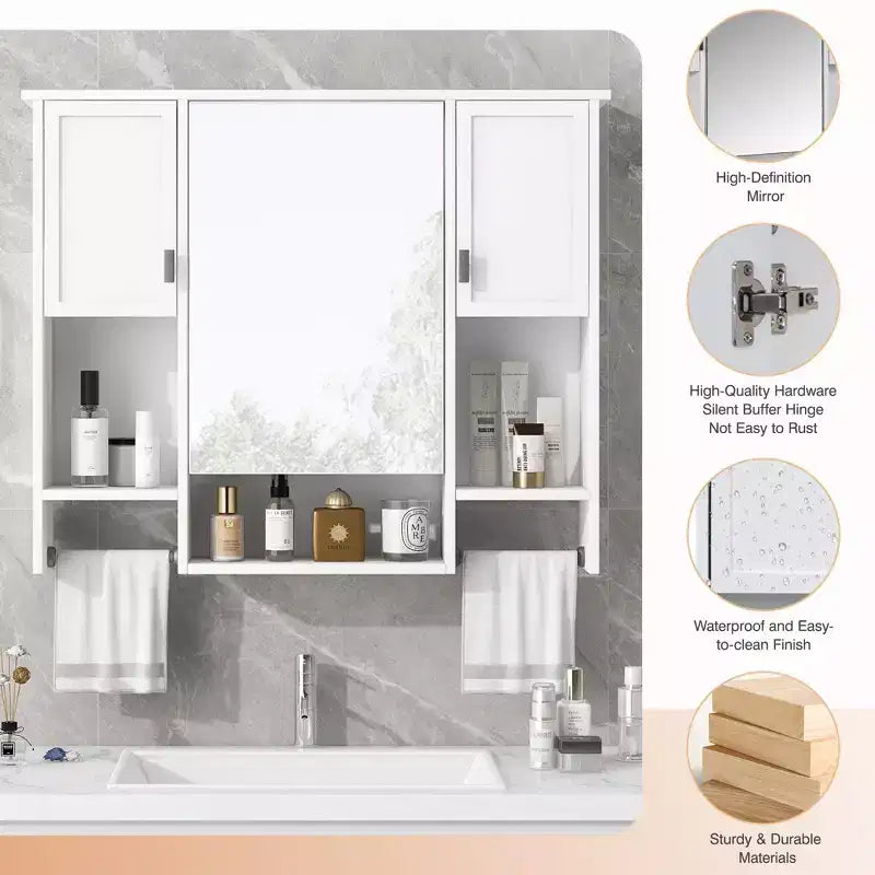 FAMYYT 35 pollici L x 28 pollici A Armadietto da bagno con specchio a superficie in MDF rettangolare con barra portasciugamani
