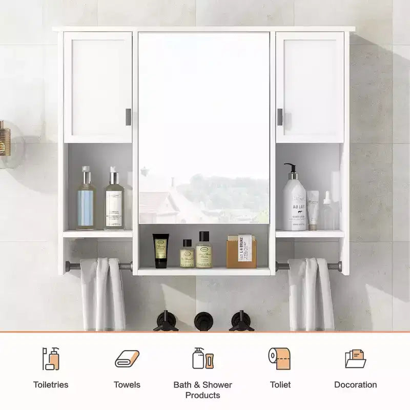 FAMYYT 35 pollici L x 28 pollici A Armadietto da bagno con specchio a superficie in MDF rettangolare con barra portasciugamani