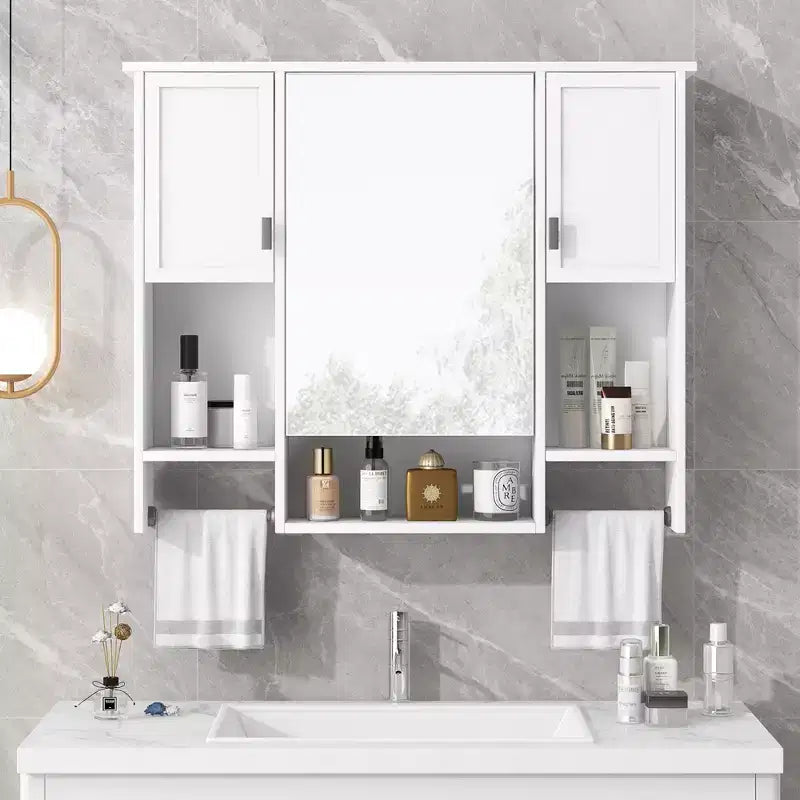FAMYYT 35 pollici L x 28 pollici A Armadietto da bagno con specchio a superficie in MDF rettangolare con barra portasciugamani
