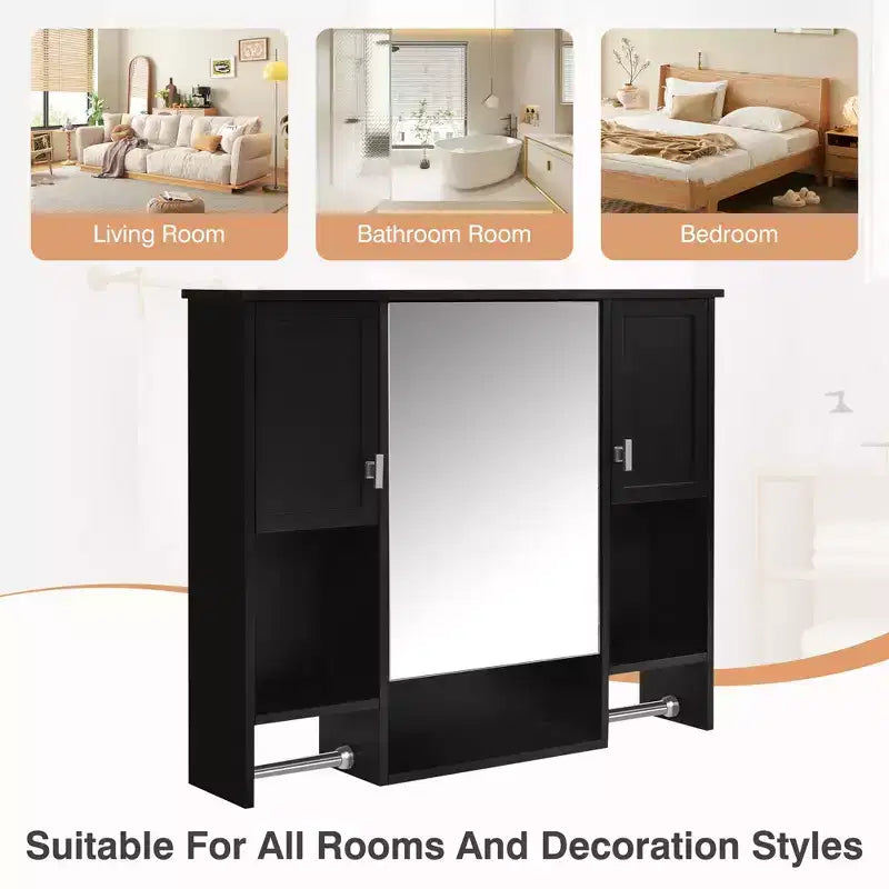FAMYYT 35 pollici L x 28 pollici A Armadietto da bagno con specchio a superficie in MDF rettangolare con barra portasciugamani