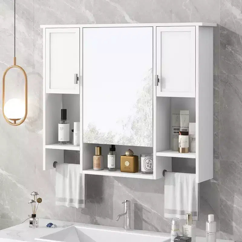 FAMYYT 35 pollici L x 28 pollici A Armadietto da bagno con specchio a superficie in MDF rettangolare con barra portasciugamani