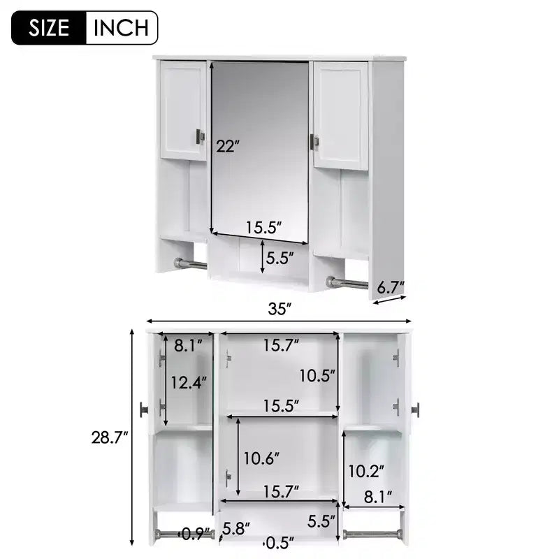 FAMYYT 35 pollici L x 28 pollici A Armadietto da bagno con specchio a superficie in MDF rettangolare con barra portasciugamani