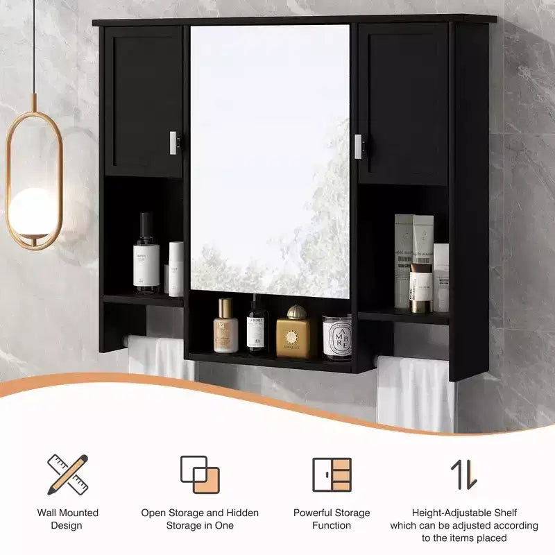 FAMYYT 35 pollici L x 28 pollici A Armadietto da bagno con specchio a superficie in MDF rettangolare con barra portasciugamani