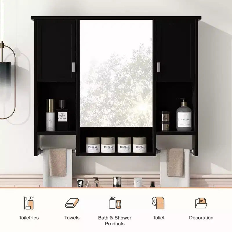 FAMYYT 35 pollici L x 28 pollici A Armadietto da bagno con specchio a superficie in MDF rettangolare con barra portasciugamani