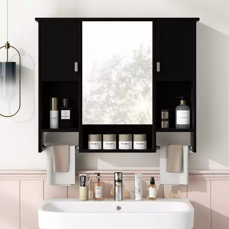 FAMYYT 35 pollici L x 28 pollici A Armadietto da bagno con specchio a superficie in MDF rettangolare con barra portasciugamani