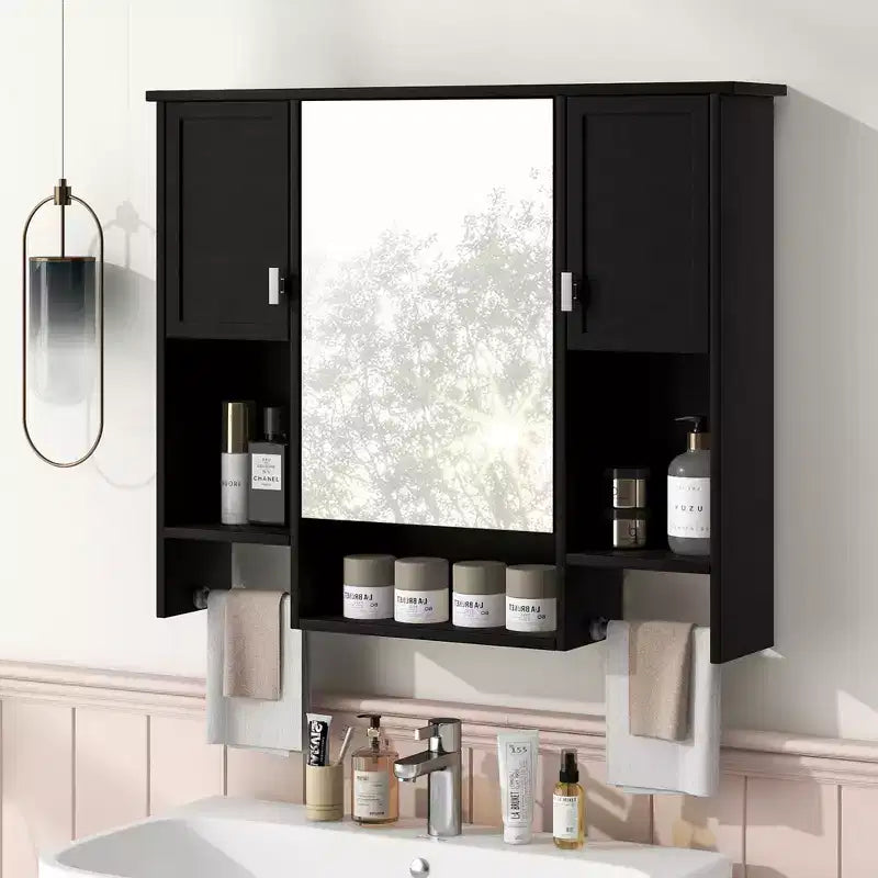 FAMYYT 35 pollici L x 28 pollici A Armadietto da bagno con specchio a superficie in MDF rettangolare con barra portasciugamani
