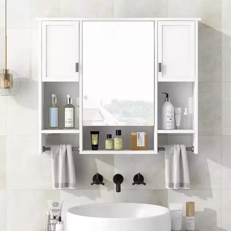 FAMYYT 35 pollici L x 28 pollici A Armadietto da bagno con specchio a superficie in MDF rettangolare con barra portasciugamani