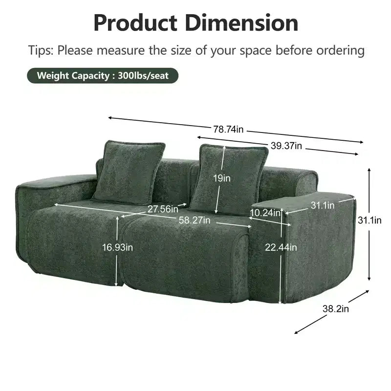 Divano sezionale modulare moderno Okak con seduta profonda e cuscini, divano futon in tessuto di velluto per soggiorno, appartamenti