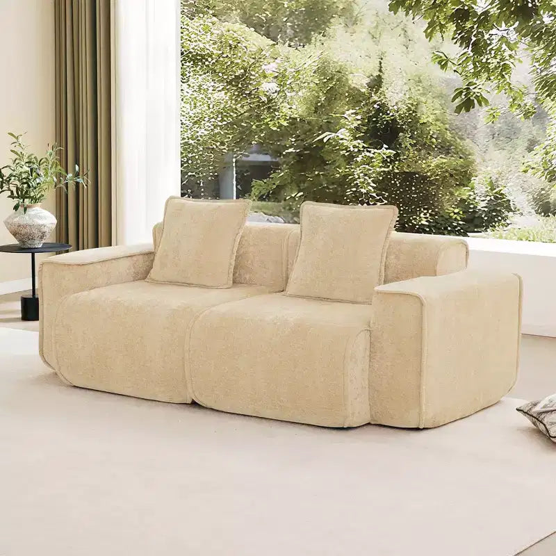 Divano sezionale modulare moderno Okak con seduta profonda e cuscini, divano futon in tessuto di velluto per soggiorno, appartamenti
