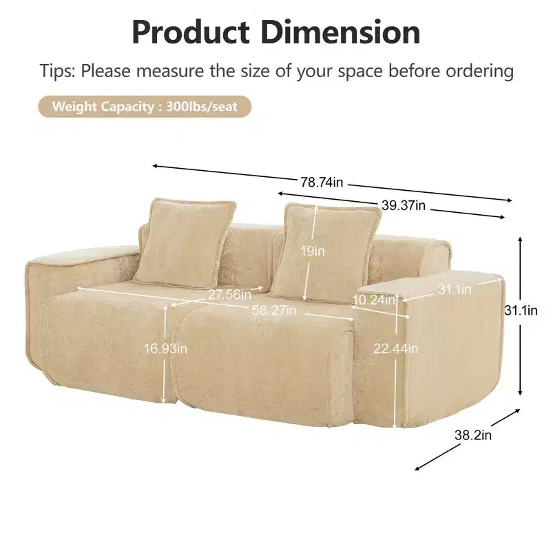 Divano sezionale modulare moderno Okak con seduta profonda e cuscini, divano futon in tessuto di velluto per soggiorno, appartamenti