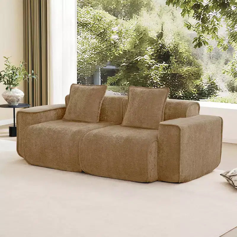 Divano sezionale modulare moderno Okak con seduta profonda e cuscini, divano futon in tessuto di velluto per soggiorno, appartamenti
