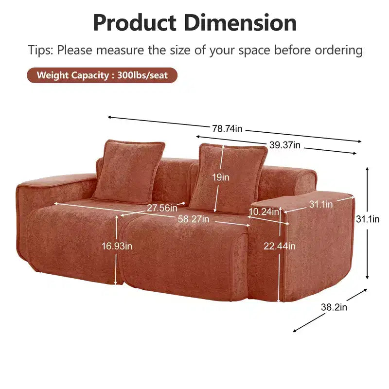 Divano sezionale modulare moderno Okak con seduta profonda e cuscini, divano futon in tessuto di velluto per soggiorno, appartamenti