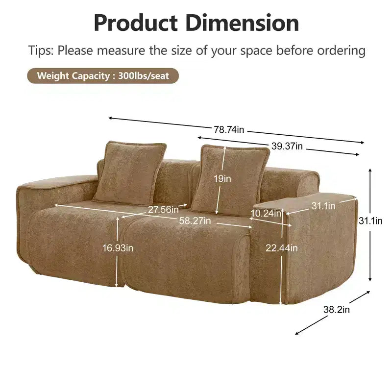 Divano sezionale modulare moderno Okak con seduta profonda e cuscini, divano futon in tessuto di velluto per soggiorno, appartamenti