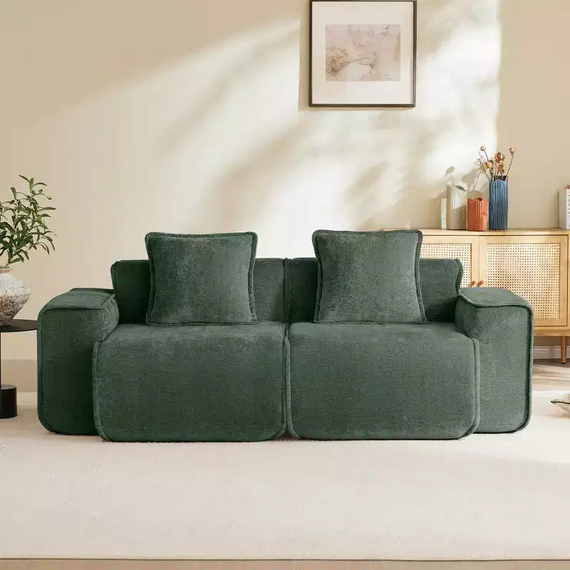 Divano sezionale modulare moderno Okak con seduta profonda e cuscini, divano futon in tessuto di velluto per soggiorno, appartamenti