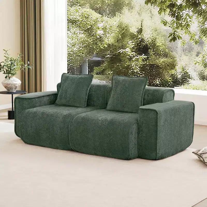 Divano sezionale modulare moderno Okak con seduta profonda e cuscini, divano futon in tessuto di velluto per soggiorno, appartamenti