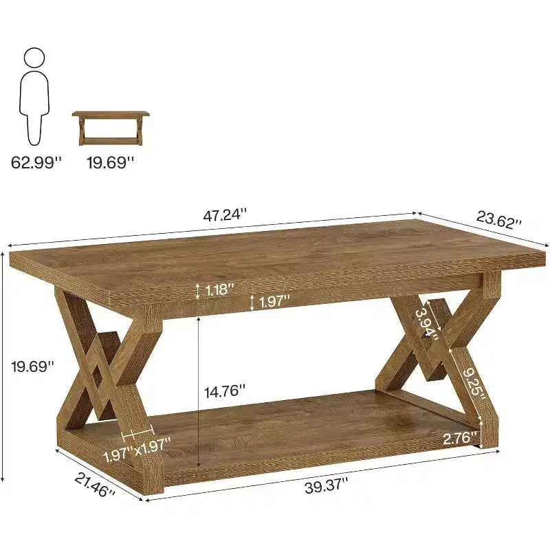 Lantine Tavolino da Caffè a 2 Livelli per Salotto, Tavolo da Cocktail/Tè da 120 cm Stile Rustico, Facile da Montare