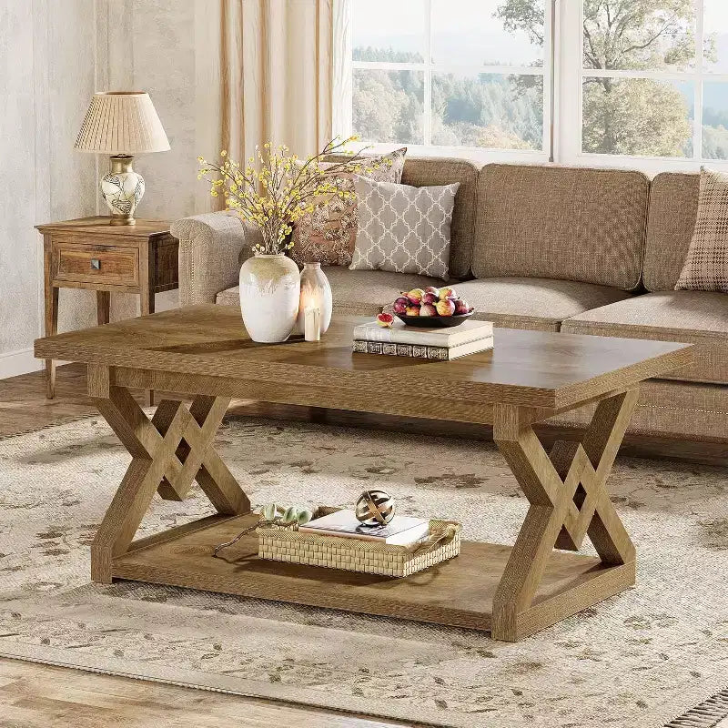 Lantine Tavolino da Caffè a 2 Livelli per Salotto, Tavolo da Cocktail/Tè da 120 cm Stile Rustico, Facile da Montare