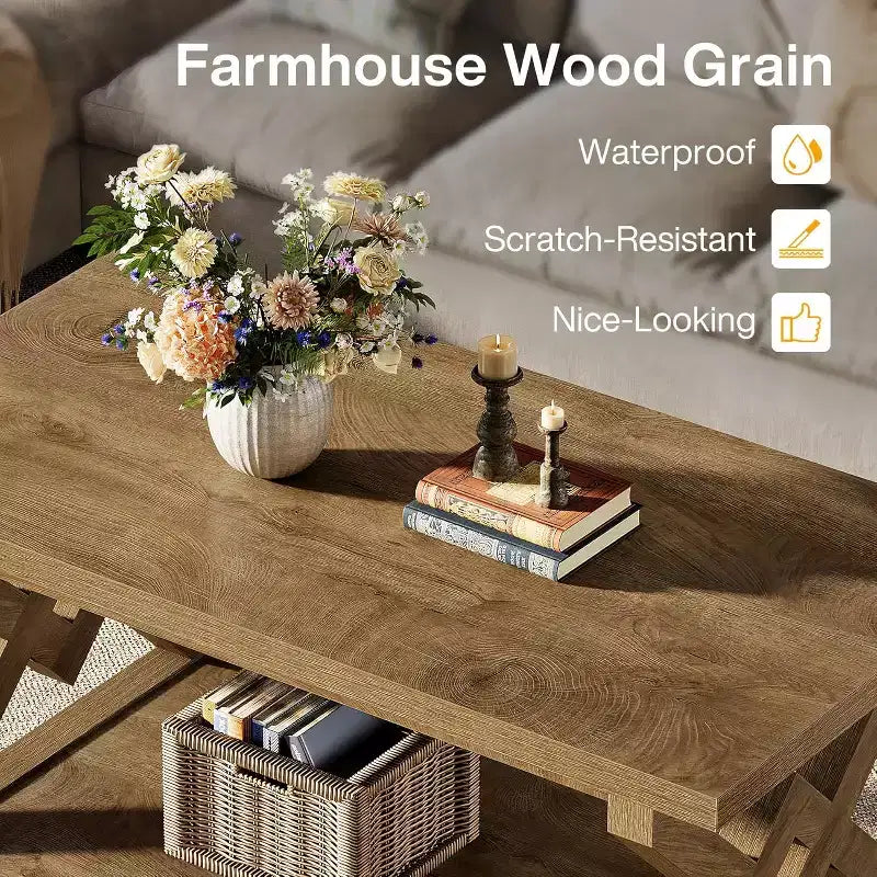 Lantine Tavolino da Caffè a 2 Livelli per Salotto, Tavolo da Cocktail/Tè da 120 cm Stile Rustico, Facile da Montare