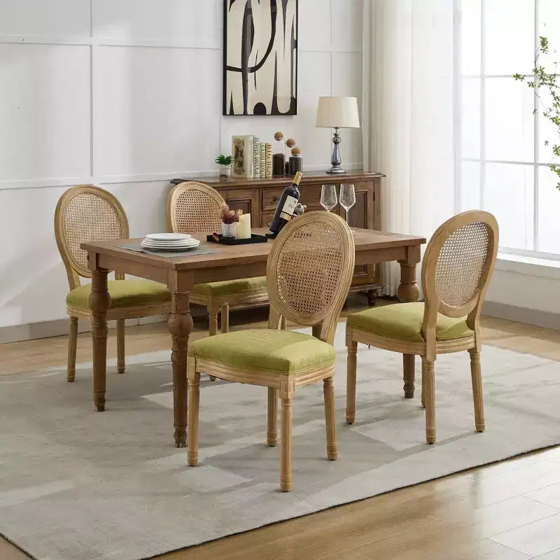 TUYOHW Eleganti sedie King Louis con schienale in rattan, set da 2, sedie da pranzo in morbido lino con gambe in legno di gomma, sedie laterali in stile francese, decorazioni per la casa