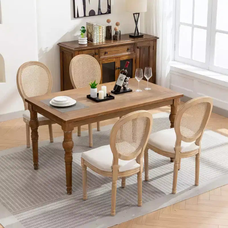 TUYOHW Eleganti sedie King Louis con schienale in rattan, set da 2, sedie da pranzo in morbido lino con gambe in legno di gomma, sedie laterali in stile francese, decorazioni per la casa