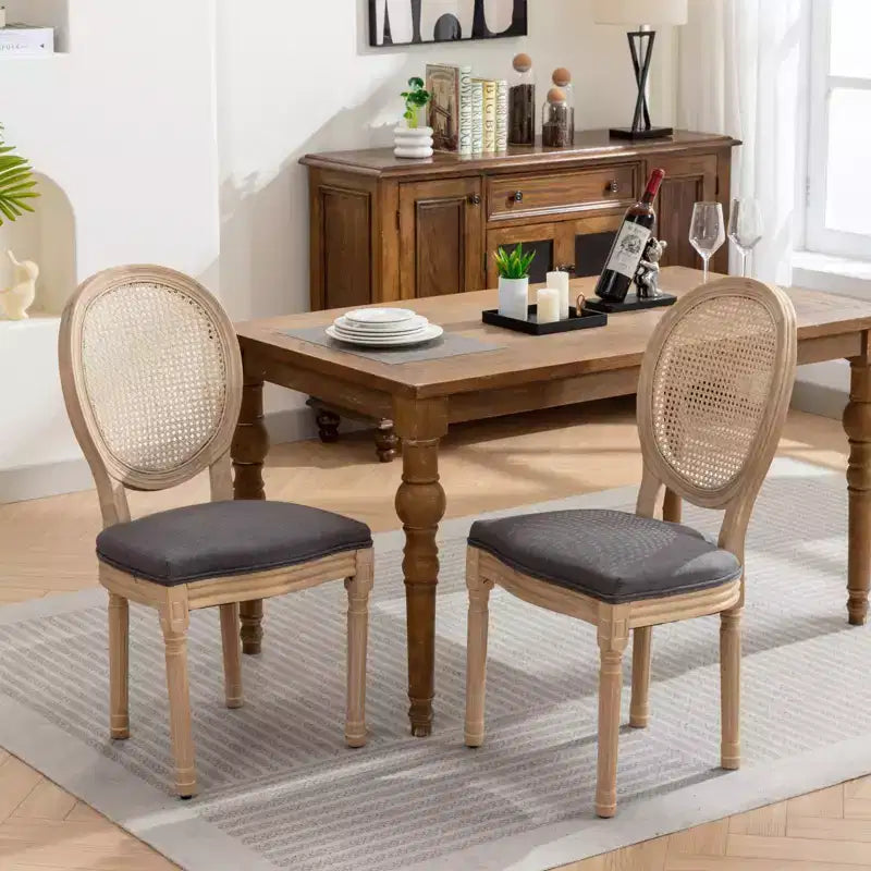 TUYOHW Eleganti sedie King Louis con schienale in rattan, set da 2, sedie da pranzo in morbido lino con gambe in legno di gomma, sedie laterali in stile francese, decorazioni per la casa